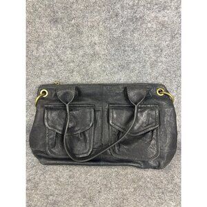 Fossil Leather Shoulder Bag Womens Black Satchel Zip Top Double Front Pockets